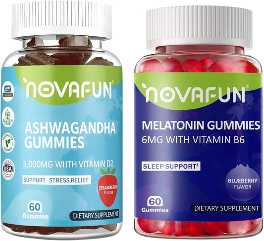 Ashwagandha Gummies & Melatonin Gummies Bundle, 2-Pack - Daytime Stress Relief & Nighttime Deep Sleep Support for Adults