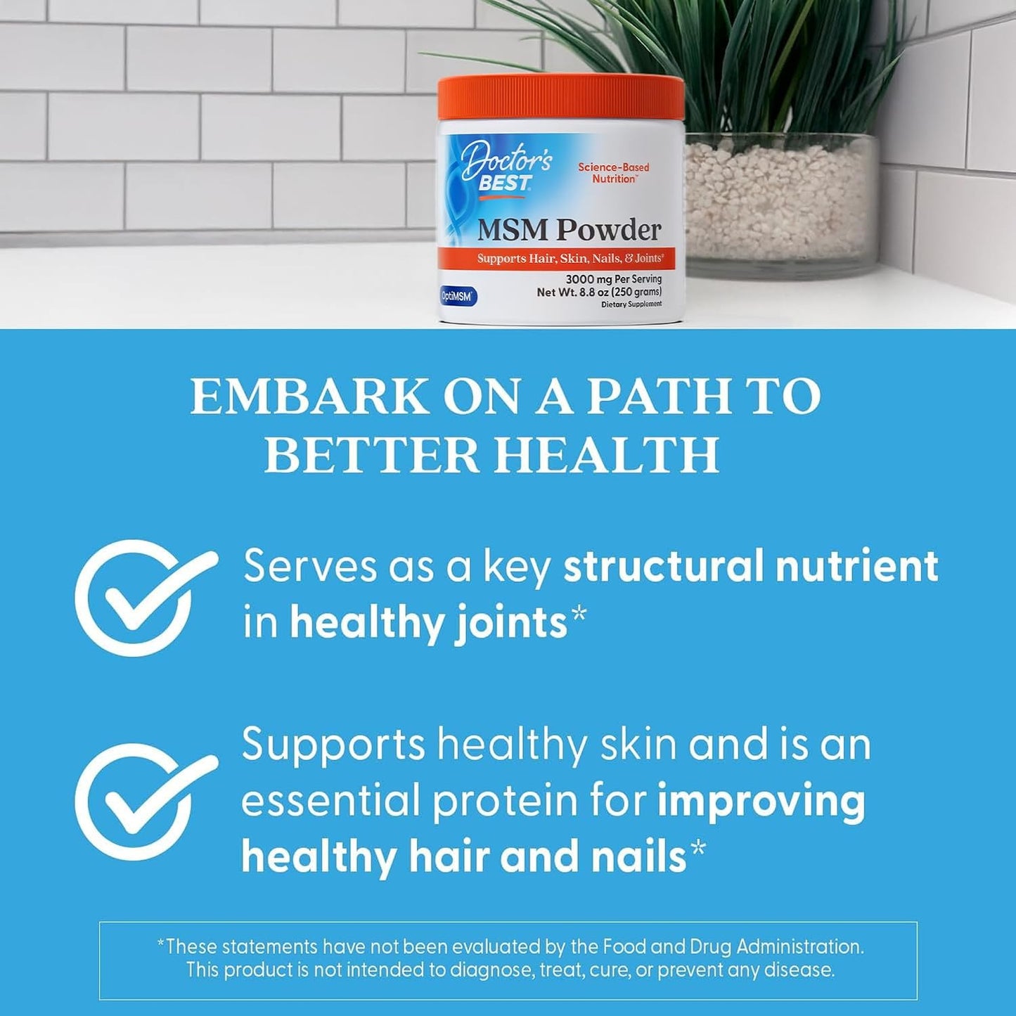 Doctor's Best MSM Powder Supplement for Men & Women - Supports Hair, Skin, Nails, Joint Health, & Mobility, Delivers Beneficial Sulfur with OptiMSM, Gluten Free, Soy Free, Non GMO, Vegan - 8.8 oz
