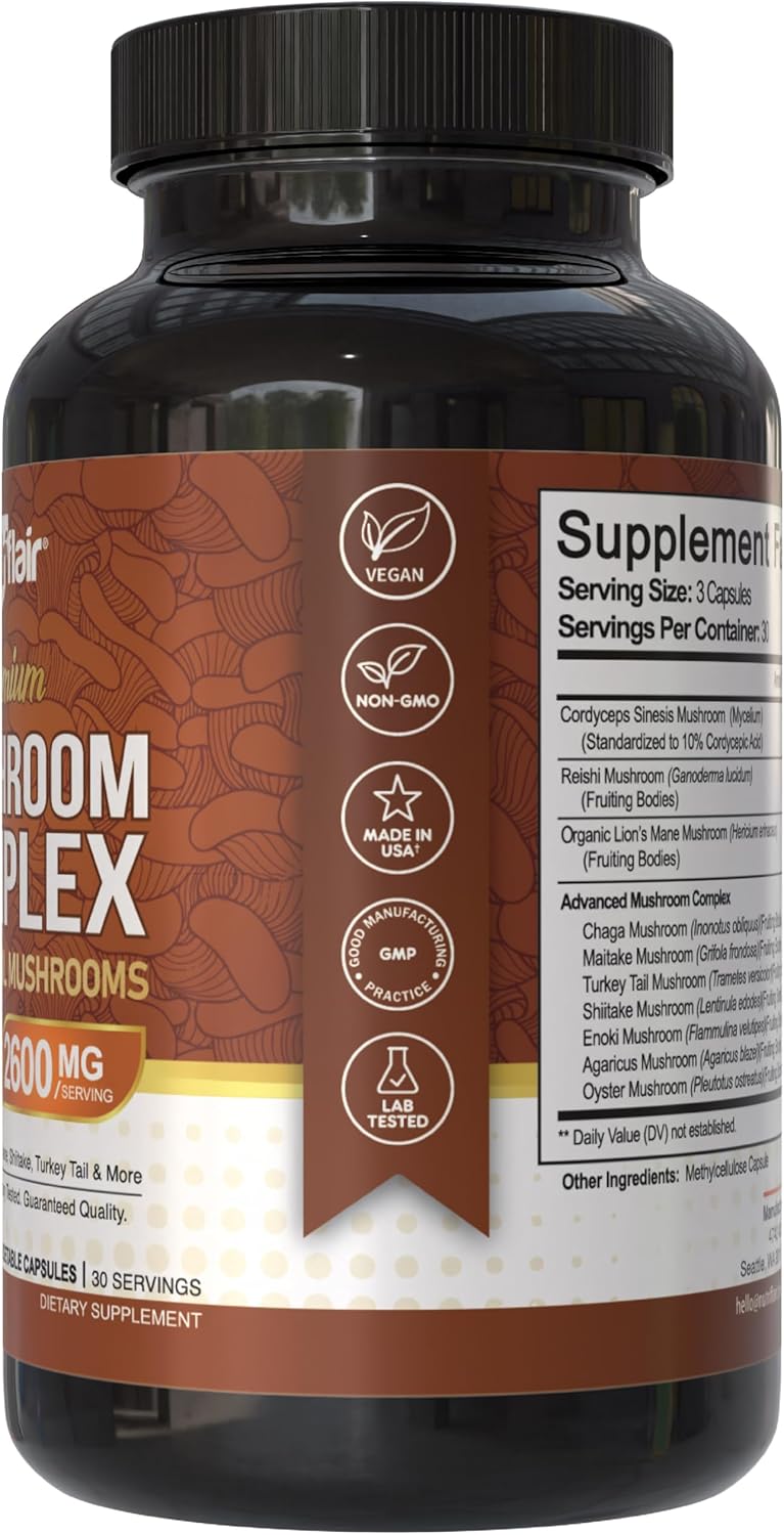 NutriFlair Mushroom Supplement 2600mg, 90 Capsules - 10 Mushrooms Blend - Reishi, Lions Mane, Cordyceps, Chaga, Turkey Tail, Maitake, Shiitake, Oyster Nootropic Formula - Brain, Energy, Focus Pills