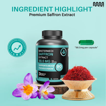 mastermedi Saffron Extract 88.5mg – Mood, Memory & Eye Health Support – 90 Vegan Capsules, 3-Month Supply – Pure Crocus Sativus Flower – Non-GMO, Gluten-Free, No Additives