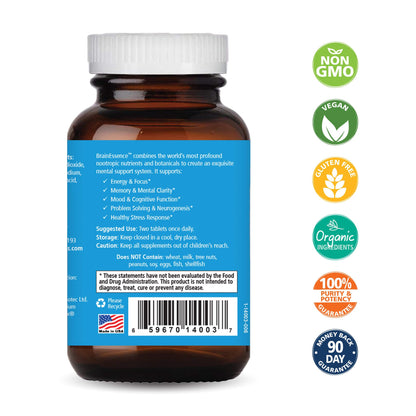PURE ESSENCE LABS Brain Essence - Memory Supplement & Vitamin for Men, Women & Adults - Herbal Booster for Memory, Focus, Clarity & Stress Relief - Bacopa Monnieri, Ashwagandha & More (60 Tablets)