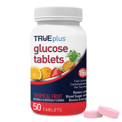 TRUEplus Glucose Tablets, Grape, Raspberry, Orange Flavors, 50 Count | Chewable Tablets, 15g Fast-Acting Carbohydrates, Fat Free, Gluten Free, Boosts Energy, Great Tasting and Easy to Use
