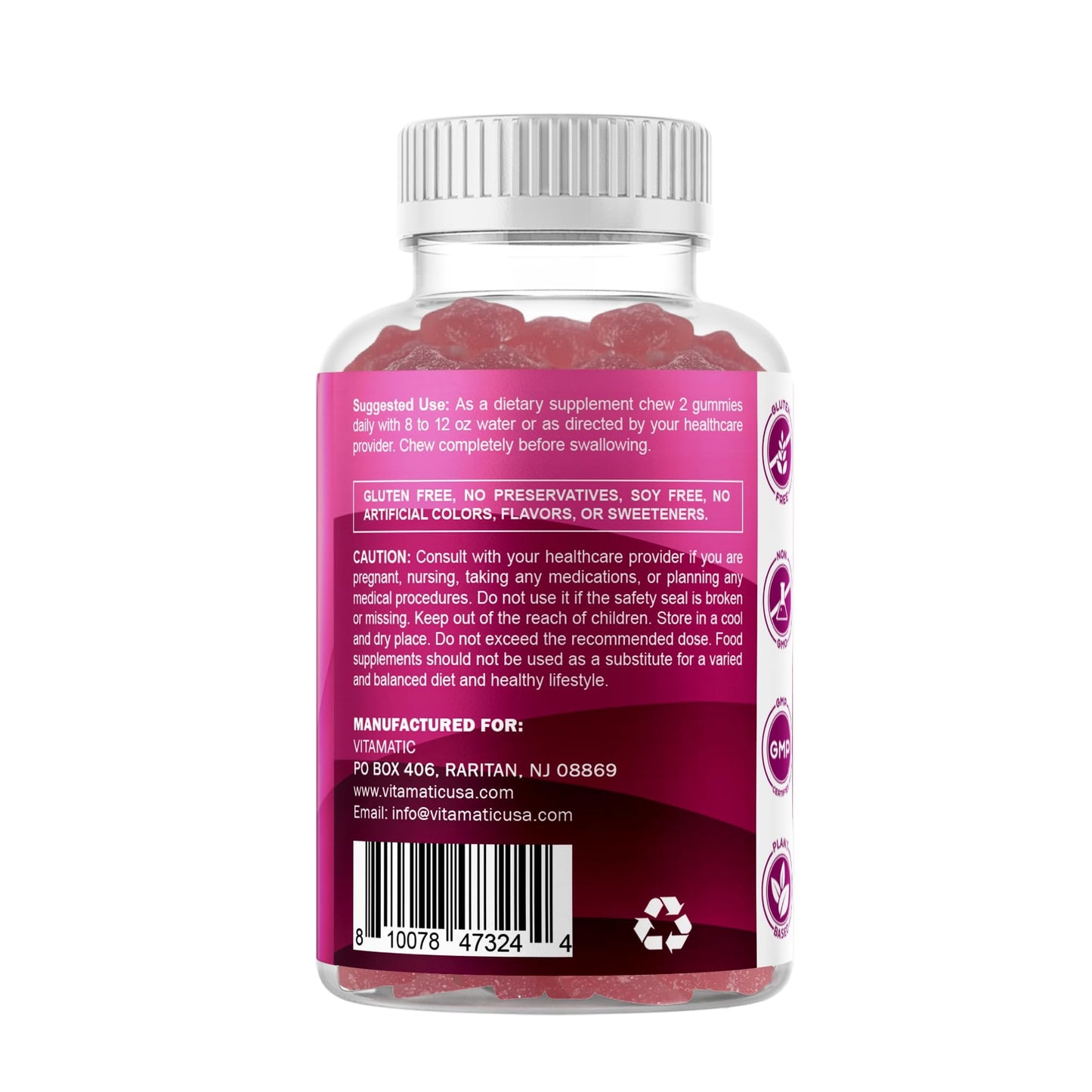 Vitamatic Glucose chewable Gummies - 60 Count - Natural Raspberry Flavor - 4G of Carbohydrate per Serving (1 Bottle) | 4 g Carbohydrates per Serving, Pectin-Based, Gluten Free, Non GMO