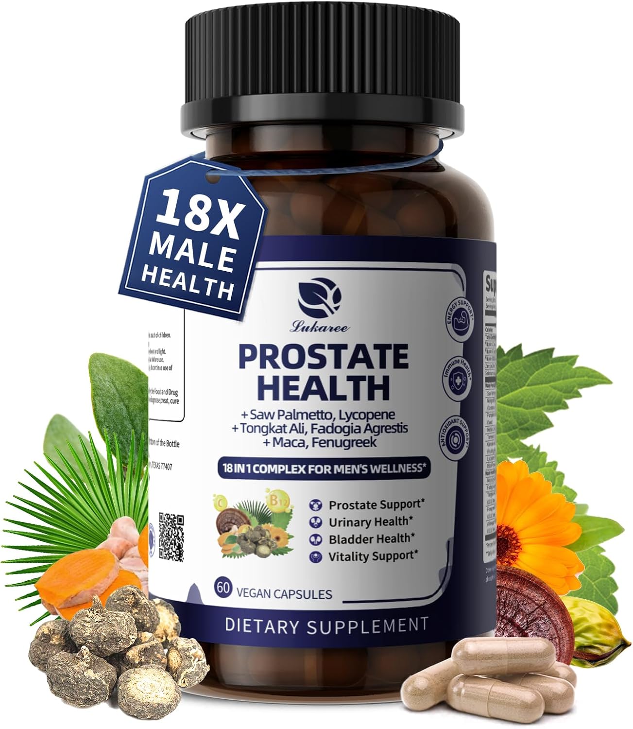 Prostate Health Supplements for Men - Urinary Tract Health, Support 60 CT | 18 IN 1with Pumpkin Seed & Nettle Advanced DHT Blocker - with Saw Palmetto Ashwagandha, Reishi