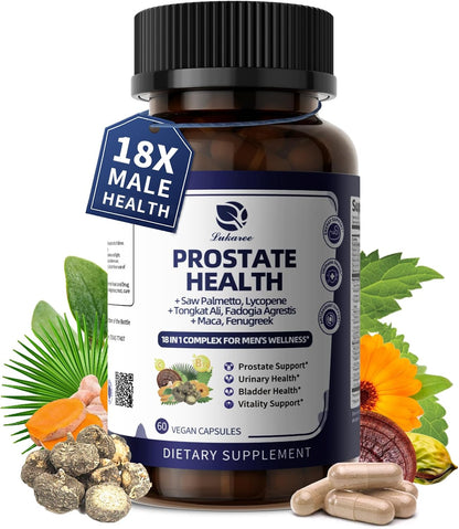 Prostate Health Supplements for Men - Urinary Tract Health, Support 60 CT | 18 IN 1with Pumpkin Seed & Nettle Advanced DHT Blocker - with Saw Palmetto Ashwagandha, Reishi