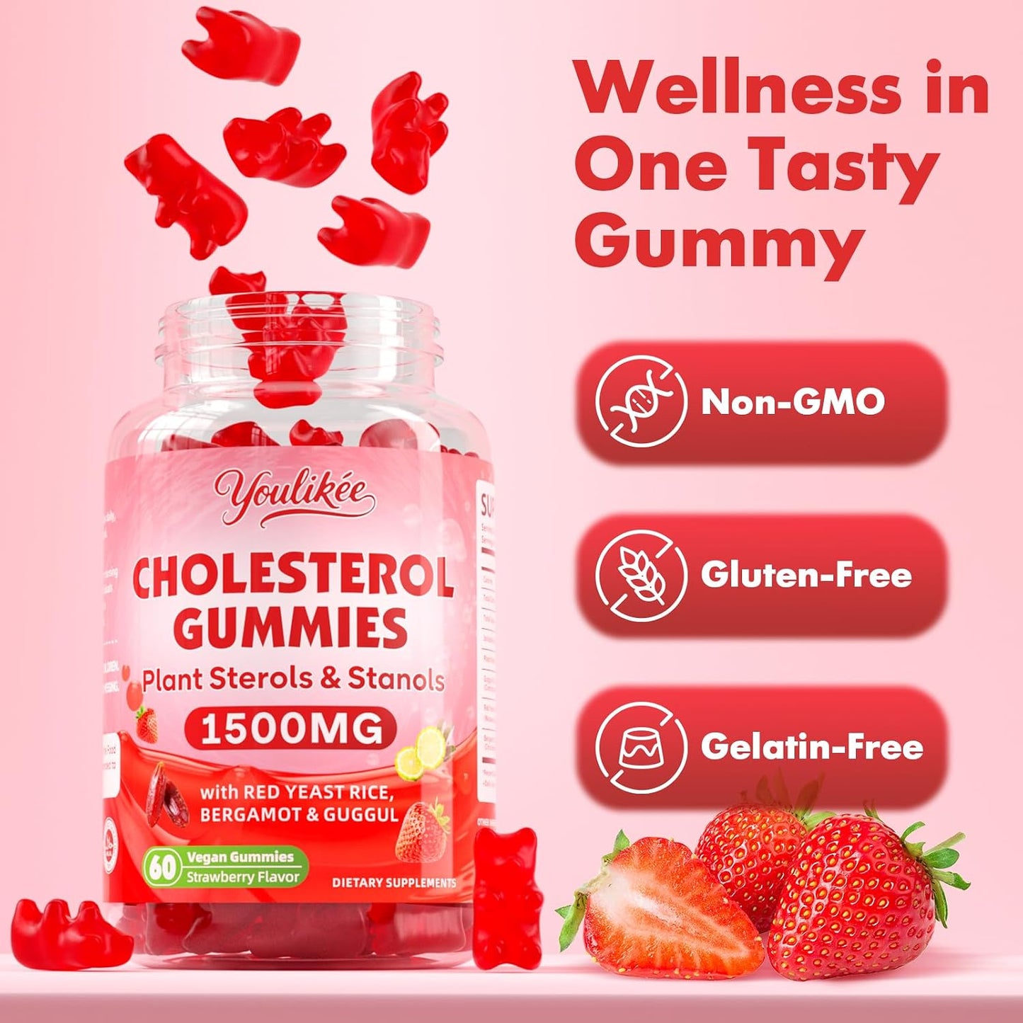 Cholesterol Supplements Gummies with Plant Sterols & Stanols, Guggul, Bergamot Orange, Red Yeast Rice, Sugar Free, Strawberry Flavor, 60 Count