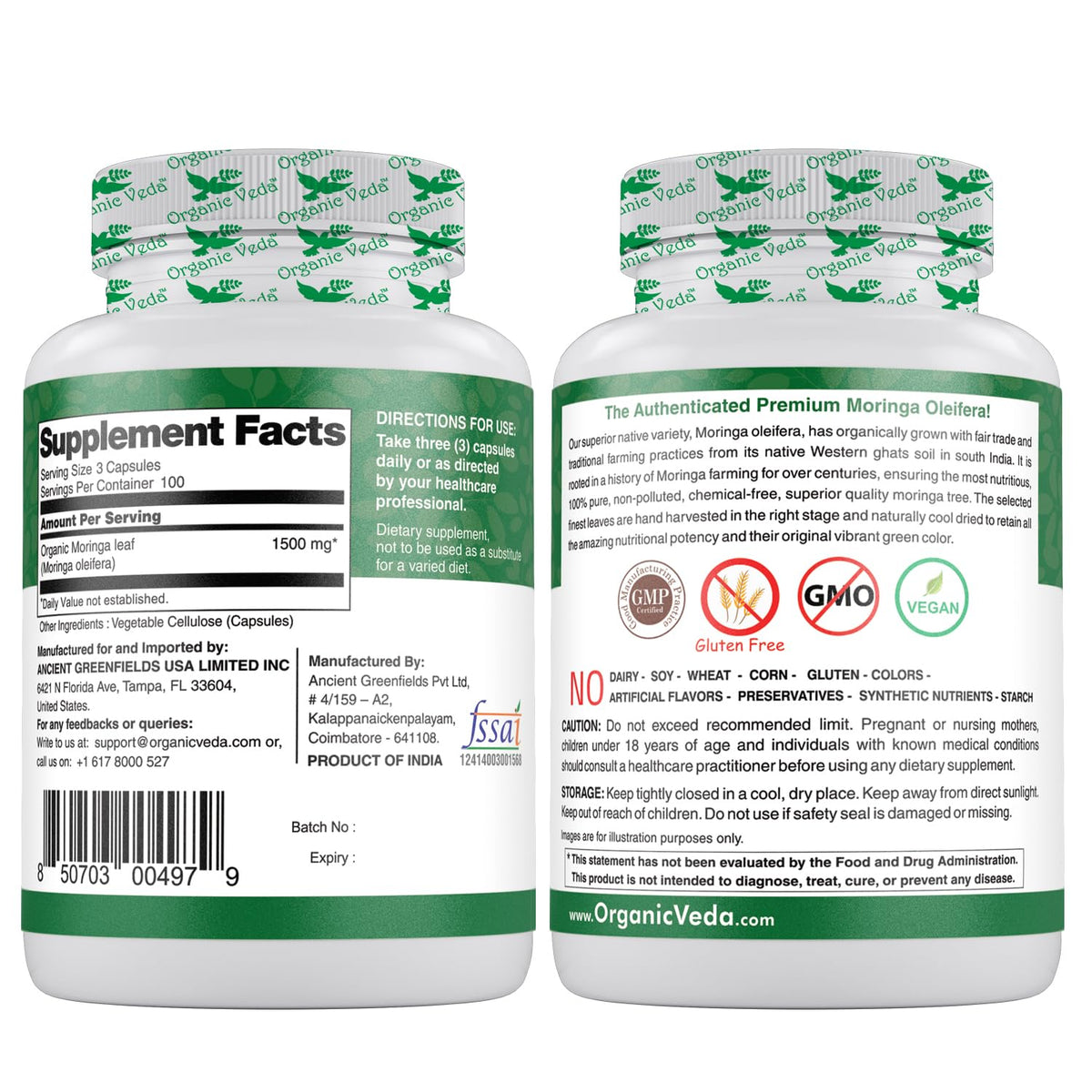 Organic Veda Moringa Leaf Capsules 1500mg, 300 Count - Pure Raw Moringa Oleifera