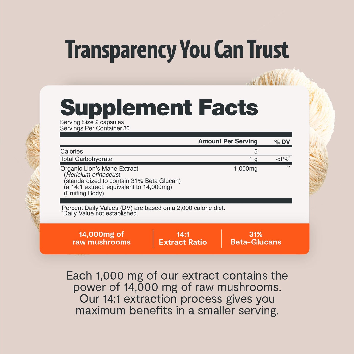 FreshCap Mushrooms Premium Organic Lions Mane Capsules - 14:1 Fruiting Body Extract with 31% Beta-Glucans - 3rd-Party Tested Nootropic for Clarity, Focus & Cognitive Support (120 Capsules)