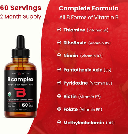 USDA Organic Vitamin B Complex Liquid Drops Sublingual B12 Methylcobalamin | B1, B2, B3, B5, B6, B7, B9 | Methylated B Vitamins Complex for Women & Men | Biotin, Niacinamide, Folate & Folic Acid, 2oz