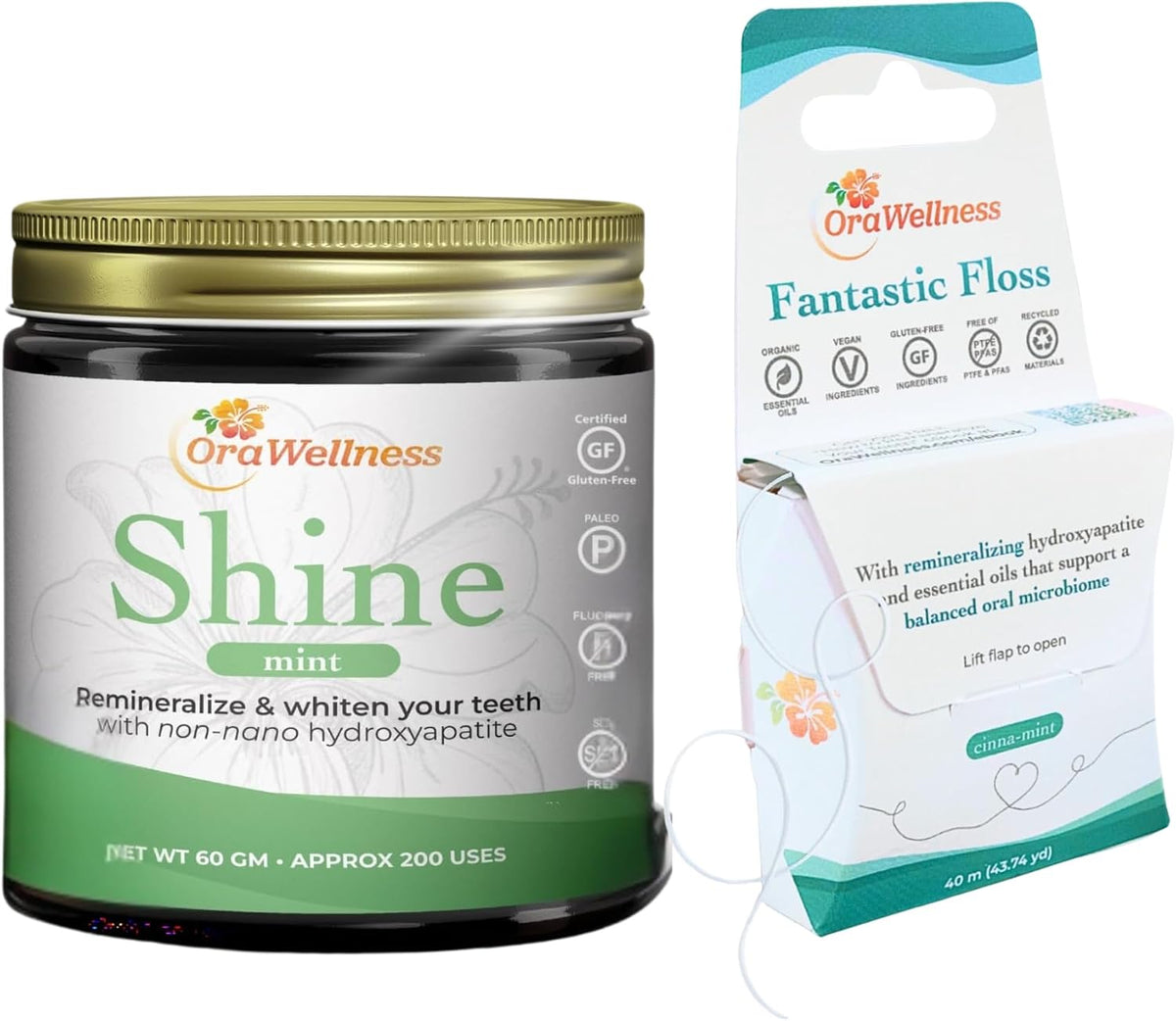 OraWellness Shine Mint Remineralizing Tooth Whitening Powder + Fantastic Floss Waxed Dental Floss with Hydroxyapatite for Tooth & Gum Repair