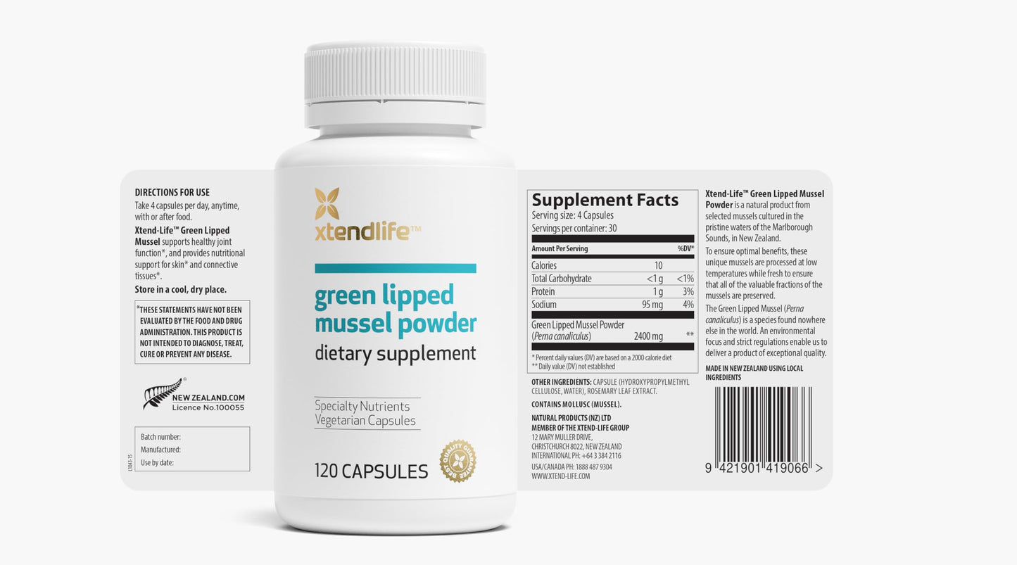 Xtend-Life | Green Lipped Mussel Powder | Extra Strength New Zealand Green Lipped Mussel 2400mg per Serving | for Joint Health & Inflammation Management | 120 Capsules (one Month Supply)