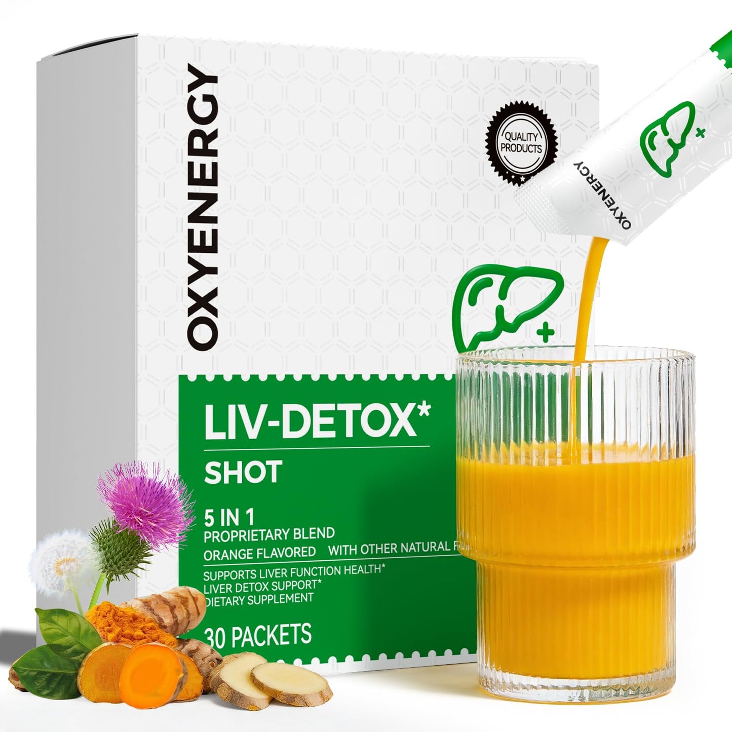 OxyEnergy Liver Cleanse Detox & Repair, Organic Milk Thistle Liver Detox Supplement with Turmeric, Ginger, 5-in-1 Support Liver Health & Digestion & Hangover Relief, Vegetarian, Gluten-Free, 30 Packs