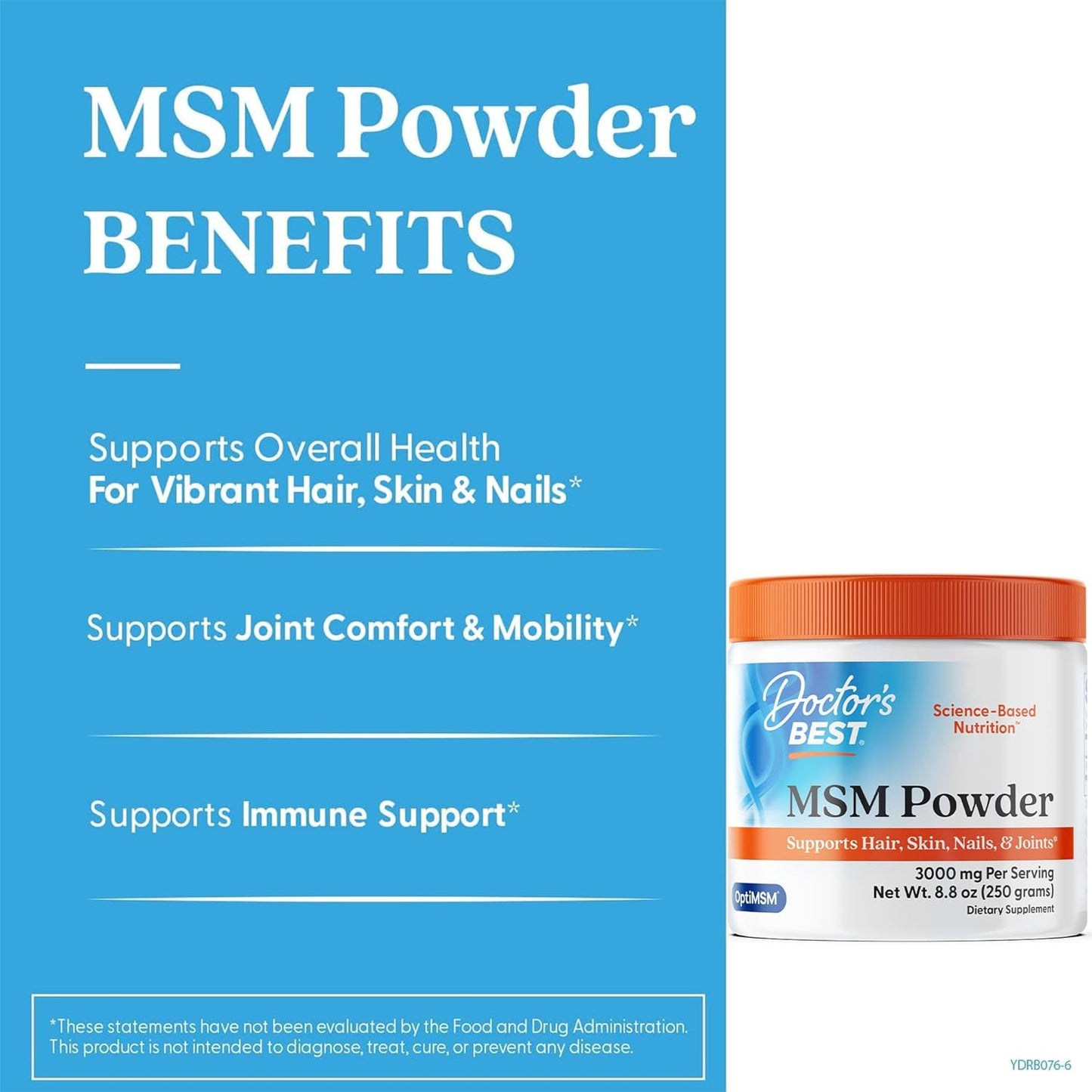 Doctor's Best MSM Powder Supplement for Men & Women - Supports Hair, Skin, Nails, Joint Health, & Mobility, Delivers Beneficial Sulfur with OptiMSM, Gluten Free, Soy Free, Non GMO, Vegan - 8.8 oz
