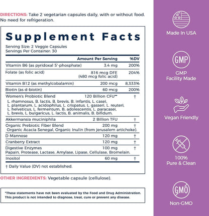 NewRhythm Probiotics for Women, Akkermansia Probiotic, Biotin, Vitamin B6 B12 & Inositol, 120 Billion CFU 20 Strains, Digestive Enzymes, Prebiotics & Vaginal Probiotics for PH Balance, 60 Capsules