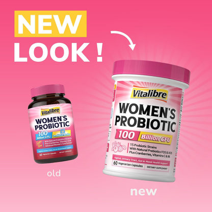 Vitalibre Probiotics for Women 100 Billion CFU 15 Strains, Daily Probiotic | 30 Vegan Capsules, Prebiotic Supplement with Organic Cranberry to Support Vaginal, Digestive, Immune Health, Shelf Stable