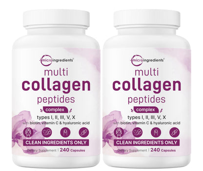 Micro Ingredients Multi Collagen Pills, 240 Capsules | Type I, II, III, V, X | Hydrolyzed Peptides with Biotin, Hyaluronic Acid, & Fat Soluble Vitamin C Complex | Non-GMO, Filler Free