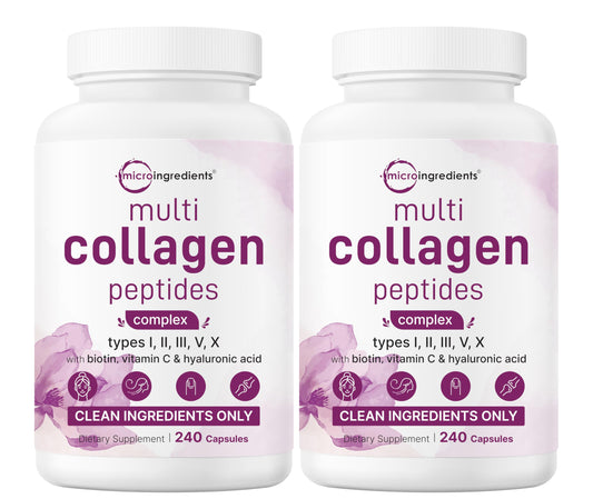 Micro Ingredients Multi Collagen Pills, 240 Capsules | Type I, II, III, V, X | Hydrolyzed Peptides with Biotin, Hyaluronic Acid, & Fat Soluble Vitamin C Complex | Non-GMO, Filler Free