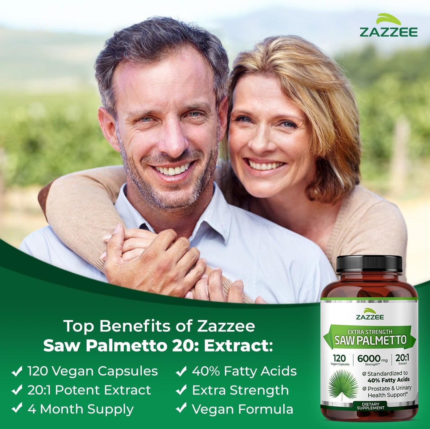 Zazzee Extra Strength Saw Palmetto 20:1 Extract, 40% Fatty Acids, 120 Vegan Capsules, 4 Month Supply, Serenoa Repens, Daily Wellness & Men’s Health Support, Herbal Supplement, Non-GMO, Made in the USA
