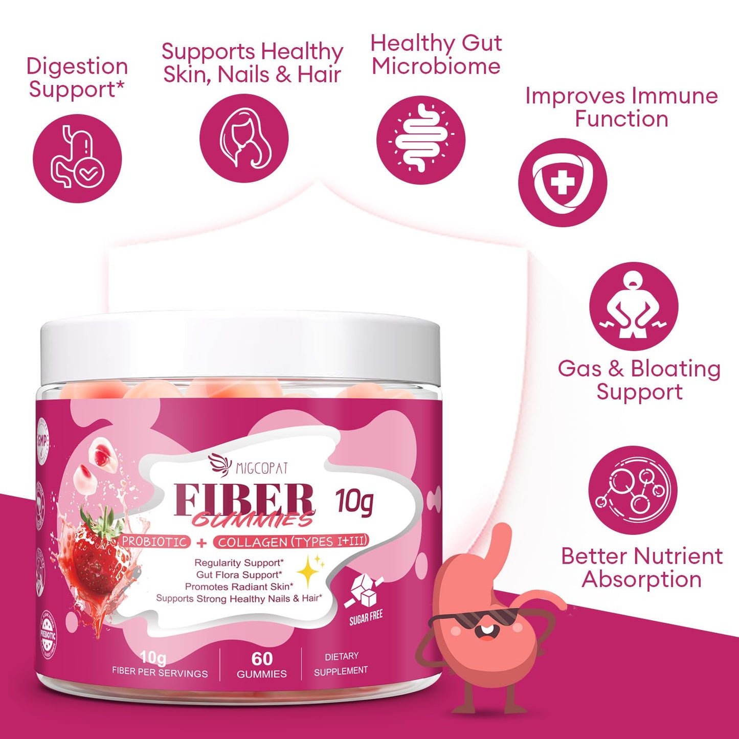 Migcopat 10G Fiber Gummies with Collagen Peptides, Hyaluronic Acid, Vitamin C, ACV, 30 Billion CFU Probiotics – Sugar Free Collagen Gummy for Skin, Hair & Nails – Digestive Health Support – 60 Cts