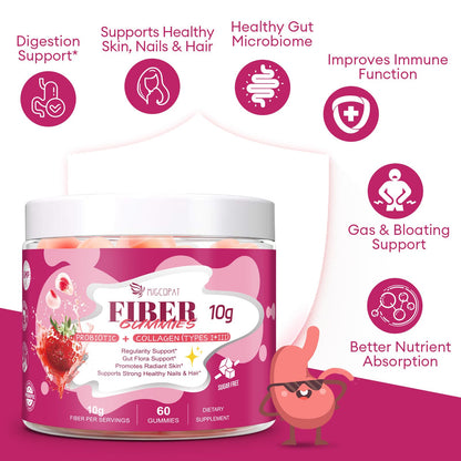 Migcopat 10G Fiber Gummies with Collagen Peptides, Hyaluronic Acid, Vitamin C, ACV, 30 Billion CFU Probiotics – Sugar Free Collagen Gummy for Skin, Hair & Nails – Digestive Health Support – 60 Cts