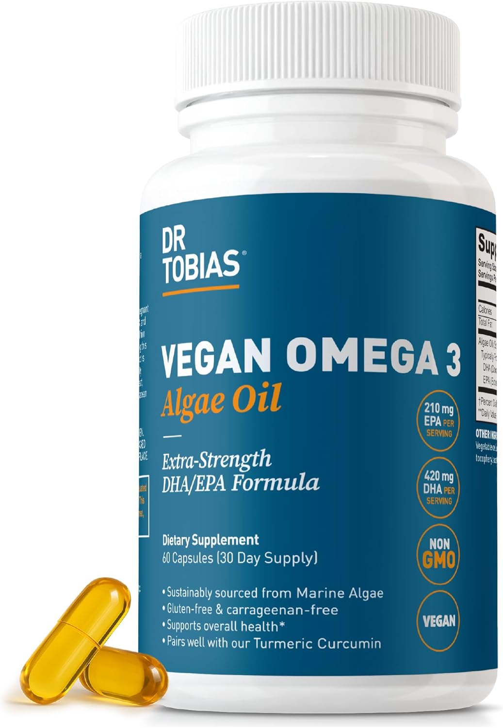 Dr. Tobias Vegan Omega 3 Algae Oil 60 Capsules | Extra-Strength DHA EPA | Plant-Based Omega 3 Supplement | Heart & Brain Support | 420 mg DHA + 210 mg EPA | Lemon Flavor | 30 Servings