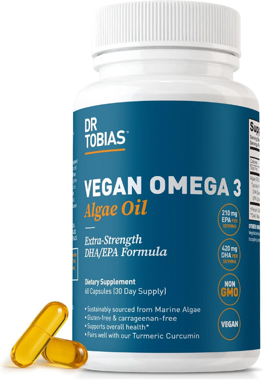 Dr. Tobias Vegan Omega 3 Algae Oil 60 Capsules | Extra-Strength DHA EPA | Plant-Based Omega 3 Supplement | Heart & Brain Support | 420 mg DHA + 210 mg EPA | Lemon Flavor | 30 Servings