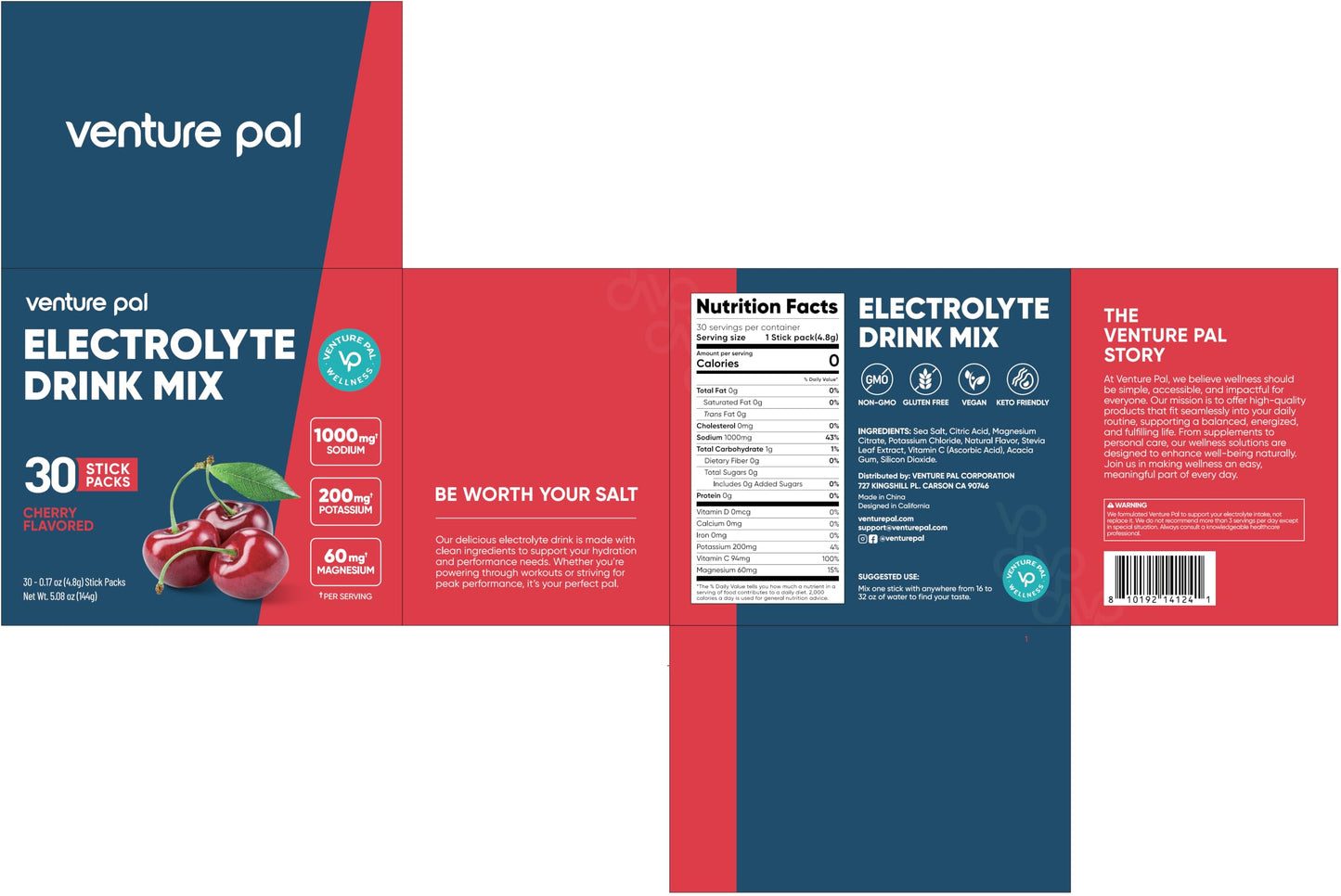 Venture Pal High Sodium Sugar Free Electrolytes Powder Packets, 16 Count | Hydration Packets with Sodium, Magnesium & Potassium, Vitamins, Zero Calories, Vegan, Keto & Paleo Friendly