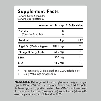 AMANDEAN Vegan Omega-3 Supplement, Algal Oil Algae DHA EPA Softgels, 120ct