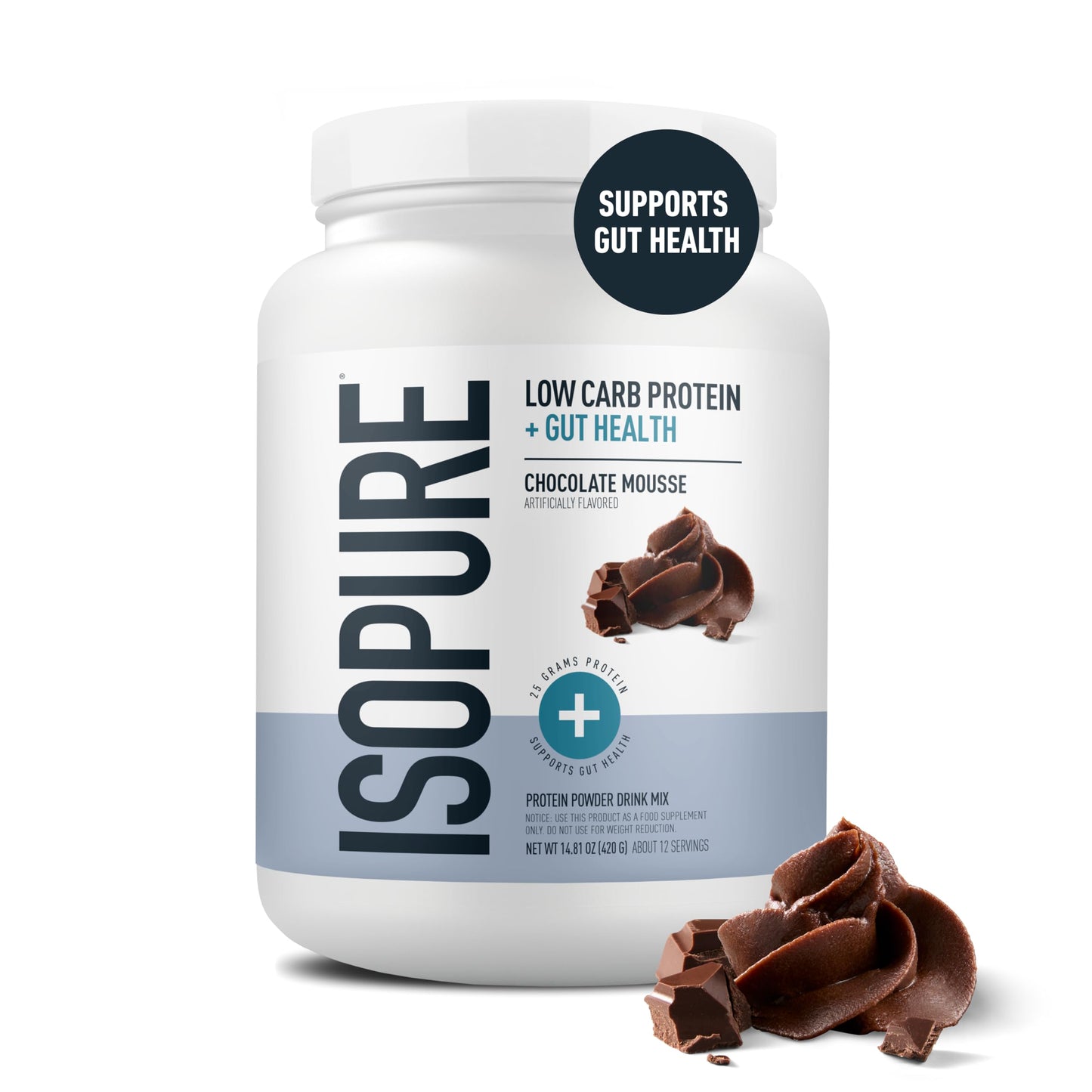 Isopure Protein + Gut Health & Immune Support Powder, Chocolate Mousse, 25g Whey Protein with Prebiotics & Vitamins, 12 Servings (Pack of 1)