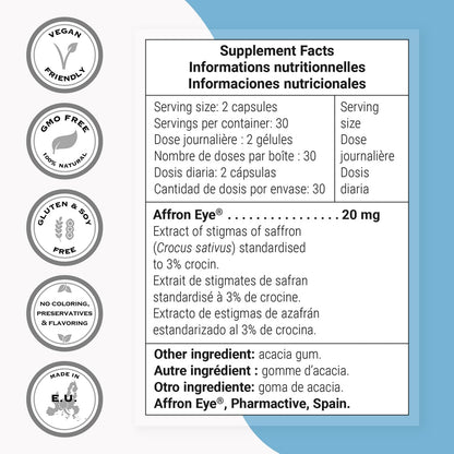 Supersmart - Affron Eye - Saffron Extract - Standardized to 3% Crocin | Non-GMO & Gluten Free - 90 Vegetarian Capsules