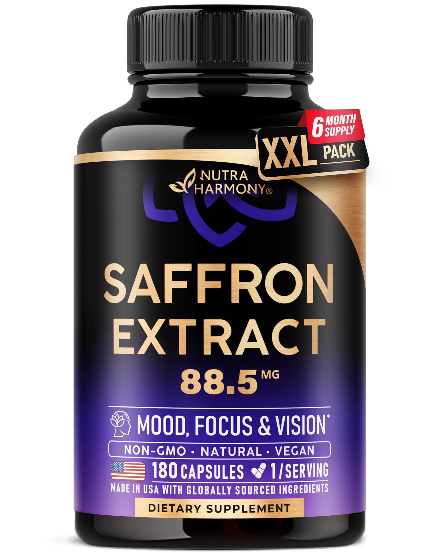 Natural Saffron Supplements - Pure Saffron Extract 88.5 mg - Mood | Focus | Vision | Energy Support - Eye Health for Women & Men - Lab Tested - NonGMO Vegan Pills - 90 Powder Capsules, 3 Month Supply