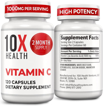 10X Health Vitamin C 1000mg - 120 Capsules | Ascorbic Acid: 1000mg Vitamin C, Immunity & Collagen Support, Non-GMO, 120ct