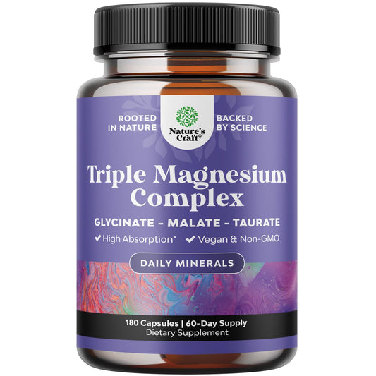 Triple Magnesium Complex Supplement - High Absorption Magnesium Glycinate, Malate & Taurate Blend for Muscles Energy Support & Heart Health - Triple Mg Complex 400 mg Capsules - 180 Count