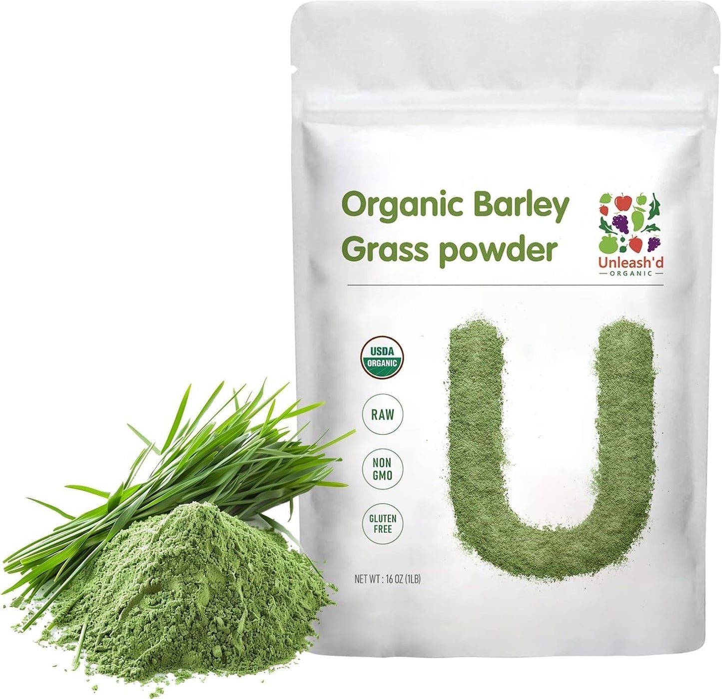 Unleash’d Organic Barley Grass Powder 16 oz – 100% Pure Organic Superfood, Nutrient-Rich Greens with Vitamins, Minerals & Fiber