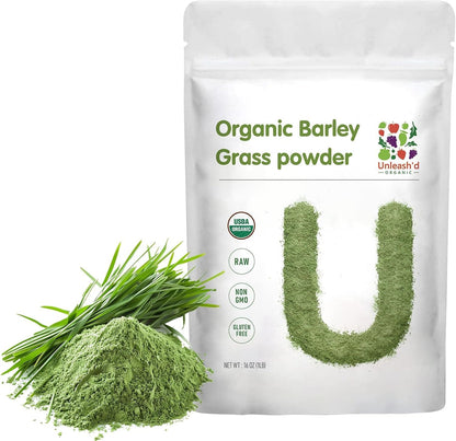 Unleash’d Organic Barley Grass Powder 16 oz – 100% Pure Organic Superfood, Nutrient-Rich Greens with Vitamins, Minerals & Fiber
