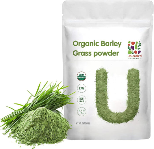 Unleash’d Organic Barley Grass Powder 16 oz – 100% Pure Organic Superfood, Nutrient-Rich Greens with Vitamins, Minerals & Fiber
