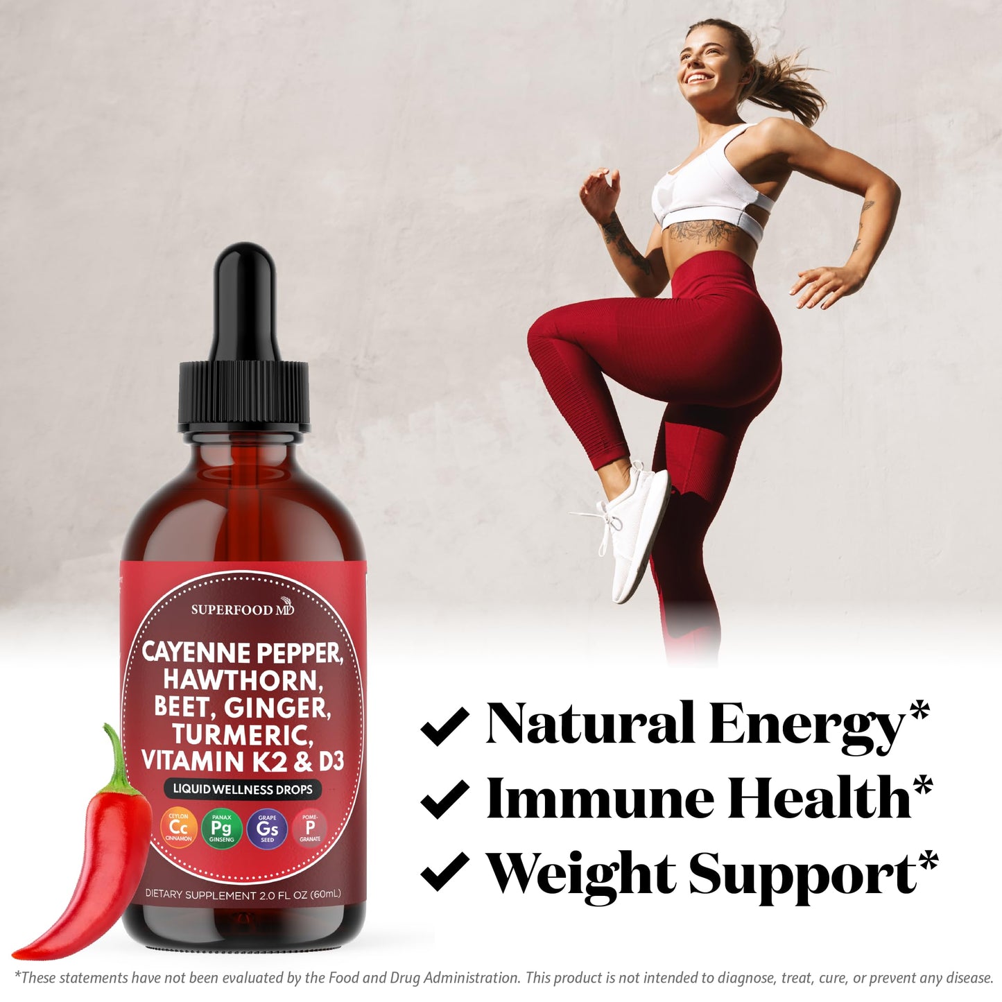 Cayenne Pepper Supplement Liquid Drops + Hawthorn Berry, Vitamin D3 K2 Beet Root Powder, Ceylon Cinnamon, Turmeric Curcumin, Organic Panax Ginseng - 4 OZ