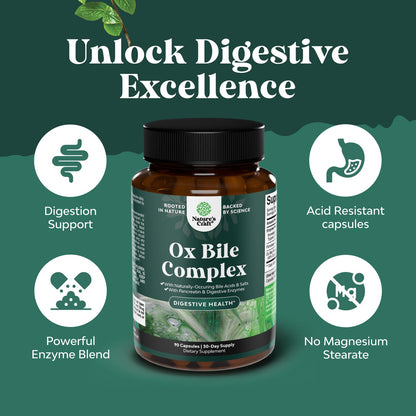 Digestive Enzymes with Ox Bile - Ox Bile Supplements for No Gallbladder with Trypsin, Papain & Bromelain Enzyme for Pancrease Cleanse & Detox - Pancreatin Digestion Enzymes for Women & Men - 90 Ct