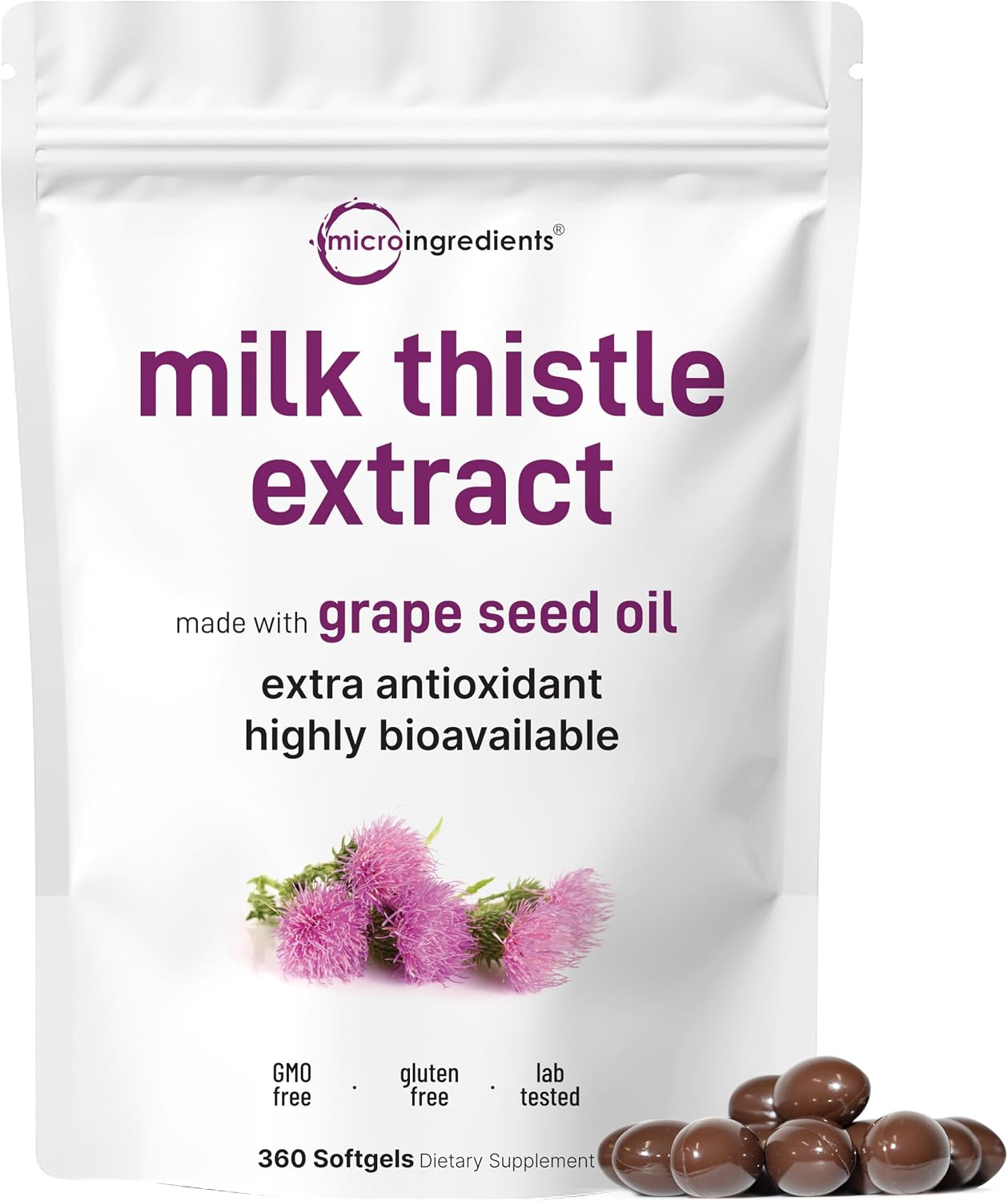 Micro Ingredients Milk Thistle Supplement | 360 Softgels with Grape Seed Oil | Highly Bioavailable Extract | Contains Active Silymarin + Antioxidants