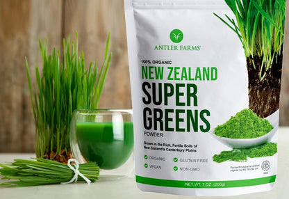 Antler Farms New Zealand Super Greens Powder - Organic, 40 Servings, 200g | 100% Pure, Wheat Grass, Barley Grass, Chlorella, Spirulina - Vegan, Gluten Free, Chlorophyll Rich, for Energy and Detox