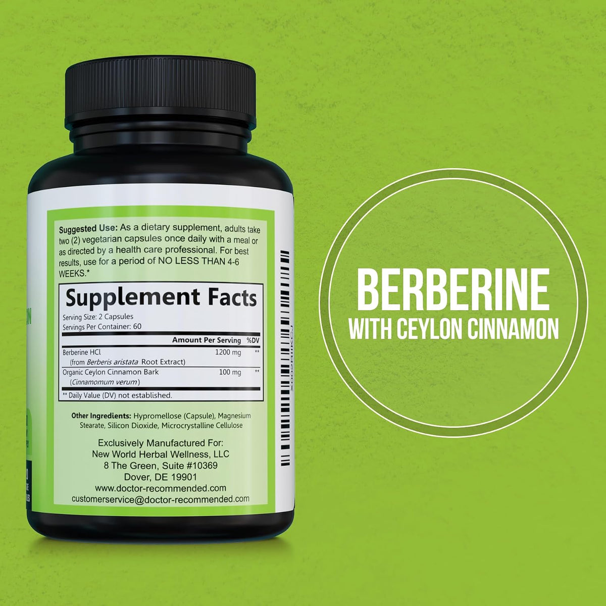 DOCTOR RECOMMENDED SUPPLEMENTS Berberine with Ceylon Cinnamon - 1200mg Berberine & 100mg Organic Ceylon Cinnamon - 120 Veggie Capsules, Healthy Immune System & Gastrointestinal Wellness