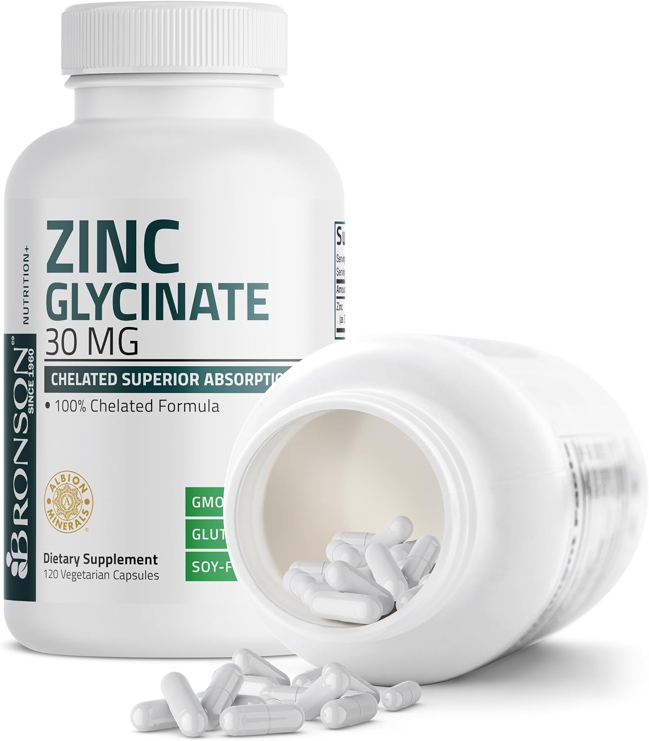 Bronson Zinc Glycinate 30mg Chelated Superior Absorption 100% Chelated Formula Non-GMO, 120 Vegetarian Capsules