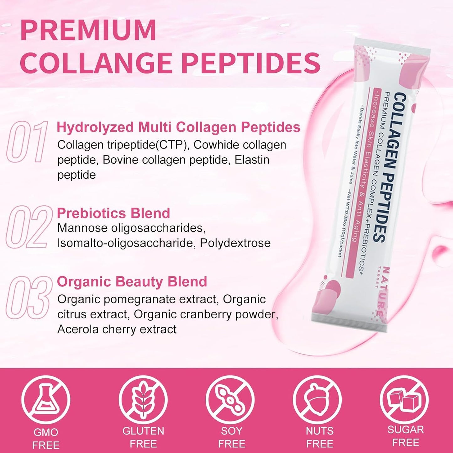 NATURE TARGET Multi Collagen Peptides Powder, 30 Stick Packs | Type I, II, III, V, X, Enhanced Absorption Hydrolyzed, With Prebiotics, Sugar-Free, Skin Hair Nail & Joint Support, Non-GMO