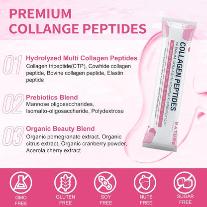 NATURE TARGET Multi Collagen Peptides Powder, 30 Stick Packs | Type I, II, III, V, X, Enhanced Absorption Hydrolyzed, With Prebiotics, Sugar-Free, Skin Hair Nail & Joint Support, Non-GMO