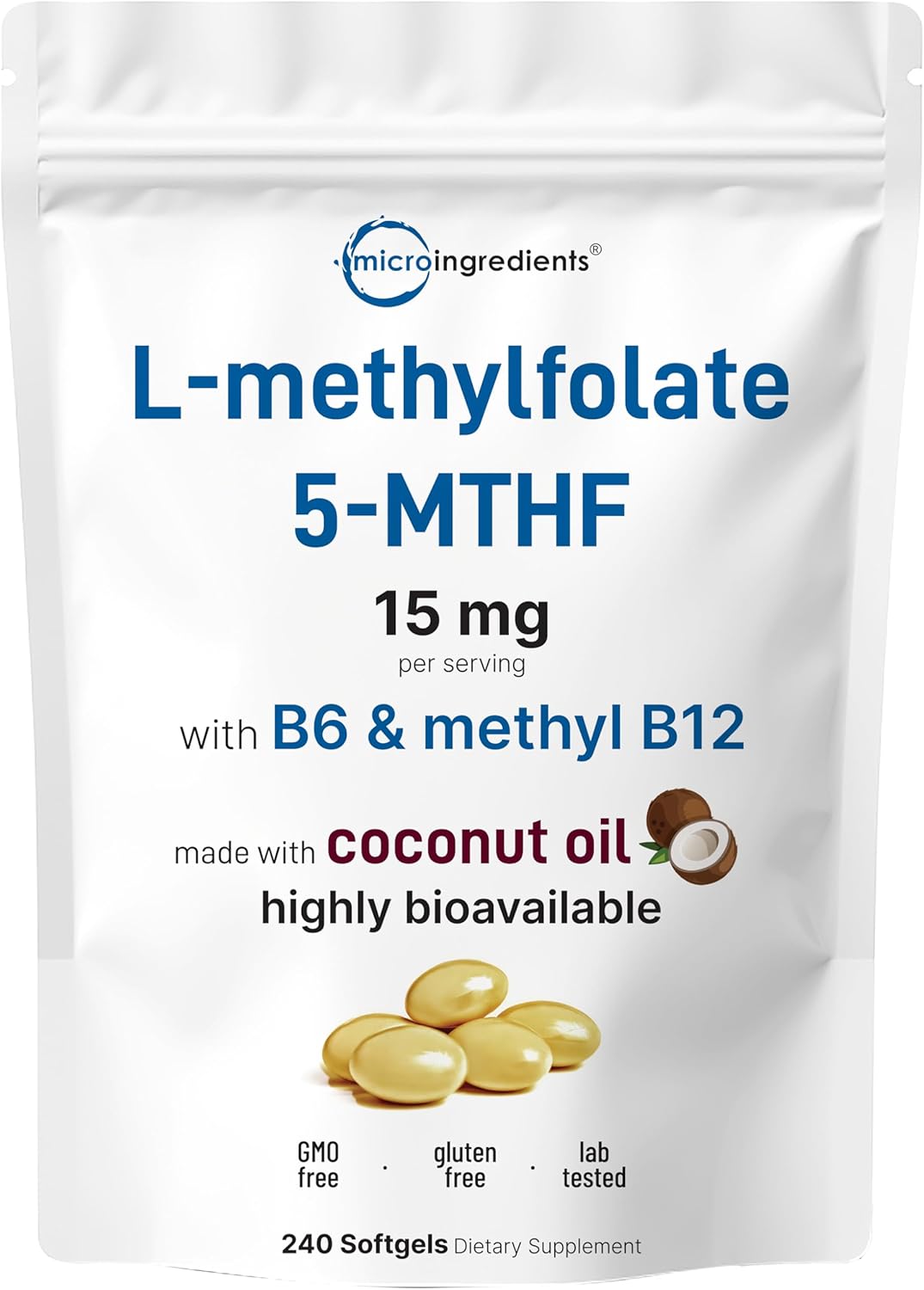 Micro Ingredients L Methylfolate 15mg, 240 Softgels | Active 5-MTHF with B6 & Methyl B12 | Methylated Vitamin B9 with Coconut Oil
