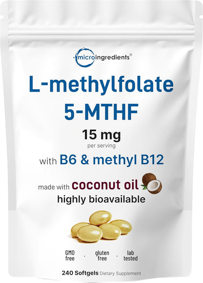 Micro Ingredients L Methylfolate 15mg, 240 Softgels | Active 5-MTHF with B6 & Methyl B12 | Methylated Vitamin B9 with Coconut Oil