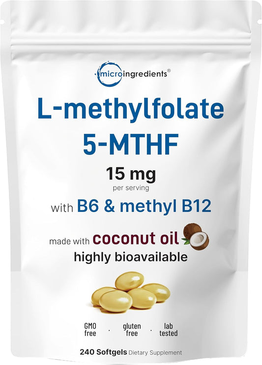 Micro Ingredients L Methylfolate 15mg, 240 Softgels | Active 5-MTHF with B6 & Methyl B12 | Methylated Vitamin B9 with Coconut Oil