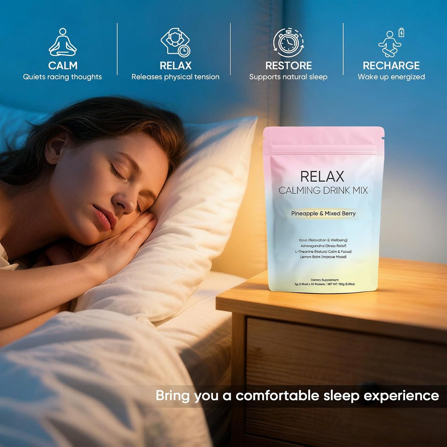 Relax Calming Drink, Natural Calm Powder Drink with L-Theanine, Ashwagandha and Kava, Sugar Free Calm Supplement for Relax & Natural Relieve Stress, Non GMO, Pineapple & Mixed Berry, 30 Packets (1)