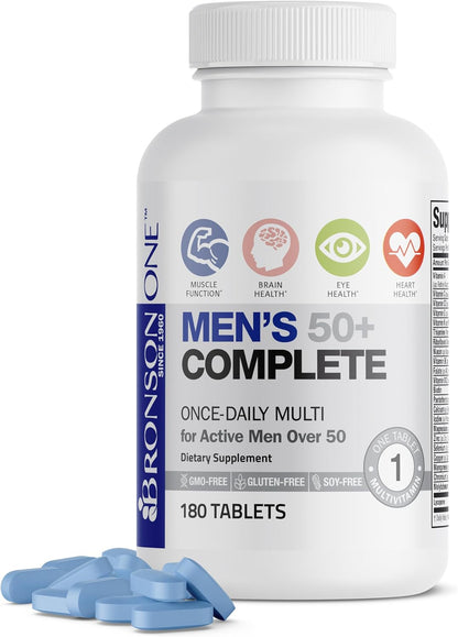 Bronson ONE Daily Mens 50+ Complete Multivitamin Multimineral, 180 Tablets | Once-Daily, Targeted Nutrition For Active Men Over 50, Non-GMO, Gluten-Free, Soy-Free