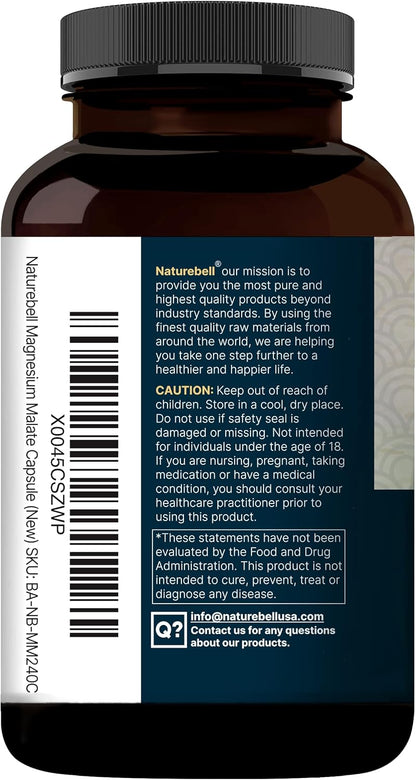 NatureBell Magnesium Malate 1,500mg, 240 Capsules | Chelated for High Absorption | Energy & Nervous System Support | Non-GMO, Gluten-Free